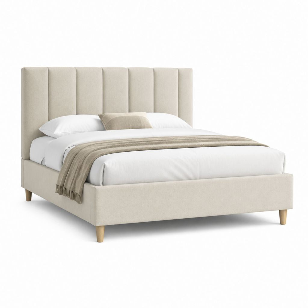 Letto matrimoniale imbottito beige in poliestere con testiera a pannelli 160 x 200 cm