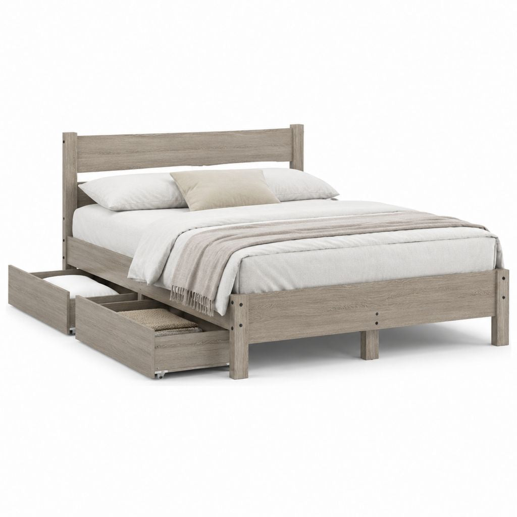Letto matrimoniale con 2 cassetti grigio rovere in pannelli di particelle 160 x 200 cm
