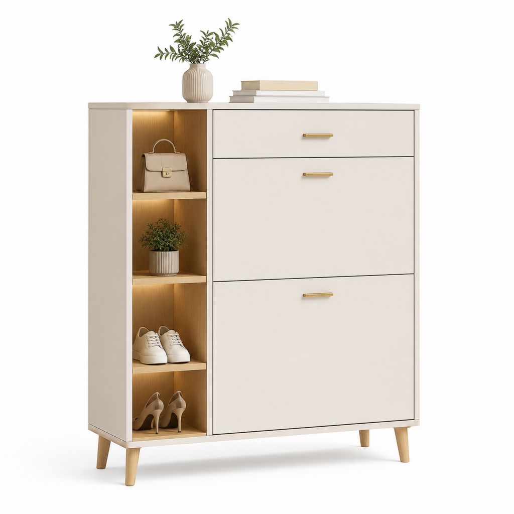 Scarpiera da ingresso bianco e rovere in MDF rettangolare con 2 ante a ribalta 4 ripiani e cassetto 100 x 35 x 110 cm