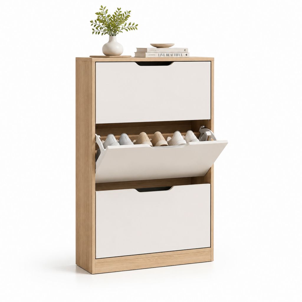 Scarpiera a ribalta 3 ante bianco e rovere in pannello truciolare 80 x 24 x 120 cm