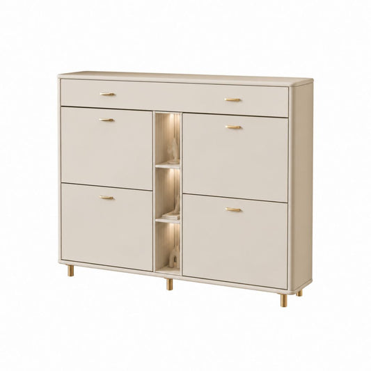 Scarpiera da ingresso beige in MDF con 4 ante a ribalta vano centrale e cassetto 120 x 35 x 110 cm