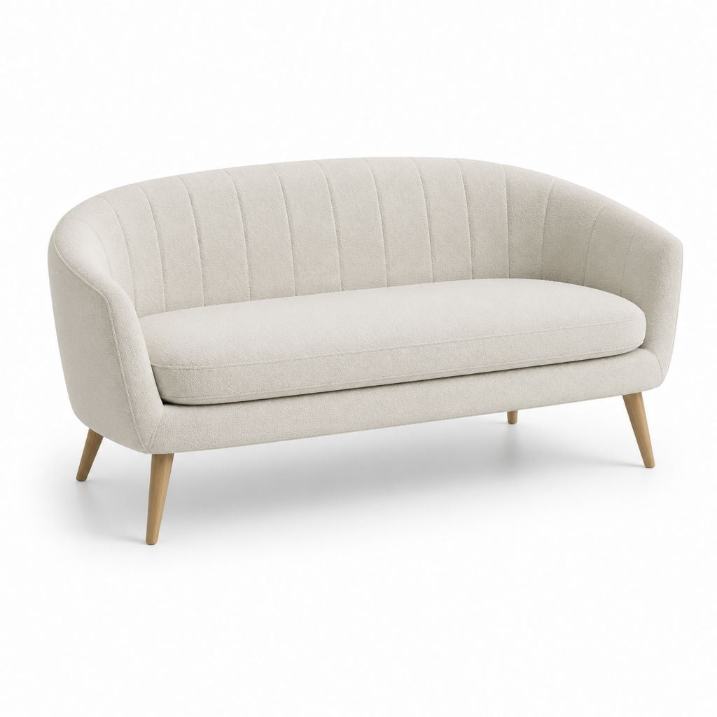 Divano 2 posti curvo color panna in poliestere con gambe in legno massello 160 x 80 x 78 cm