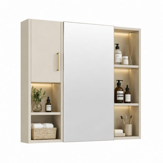 Armadietto bagno sospeso con specchio e illuminazione LED beige e bianco in MDF 80 x 80 x 15 cm