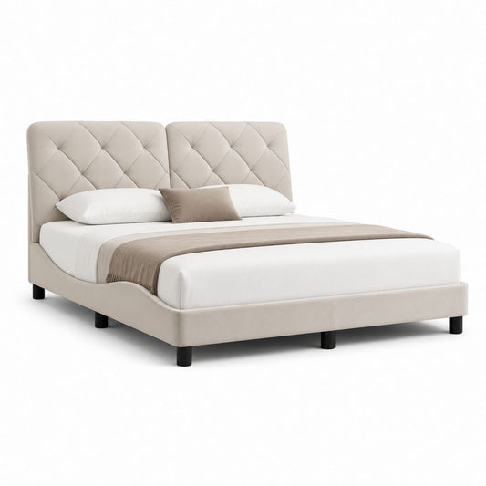 Letto matrimoniale imbottito beige in poliestere con testiera trapuntata 160 x 200 cm