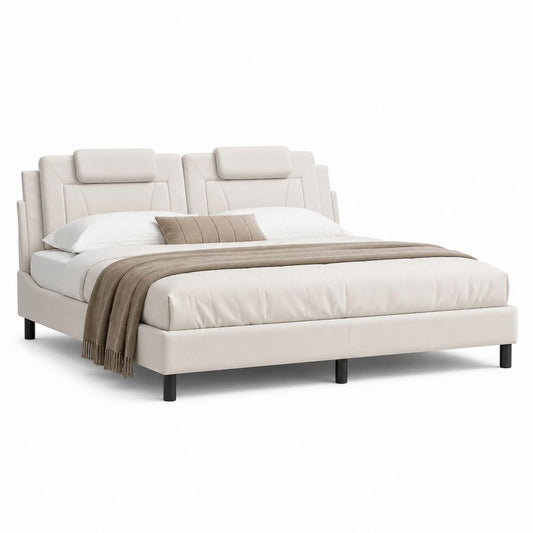 Letto matrimoniale imbottito beige in PU con testiera doppia 160 x 200 cm