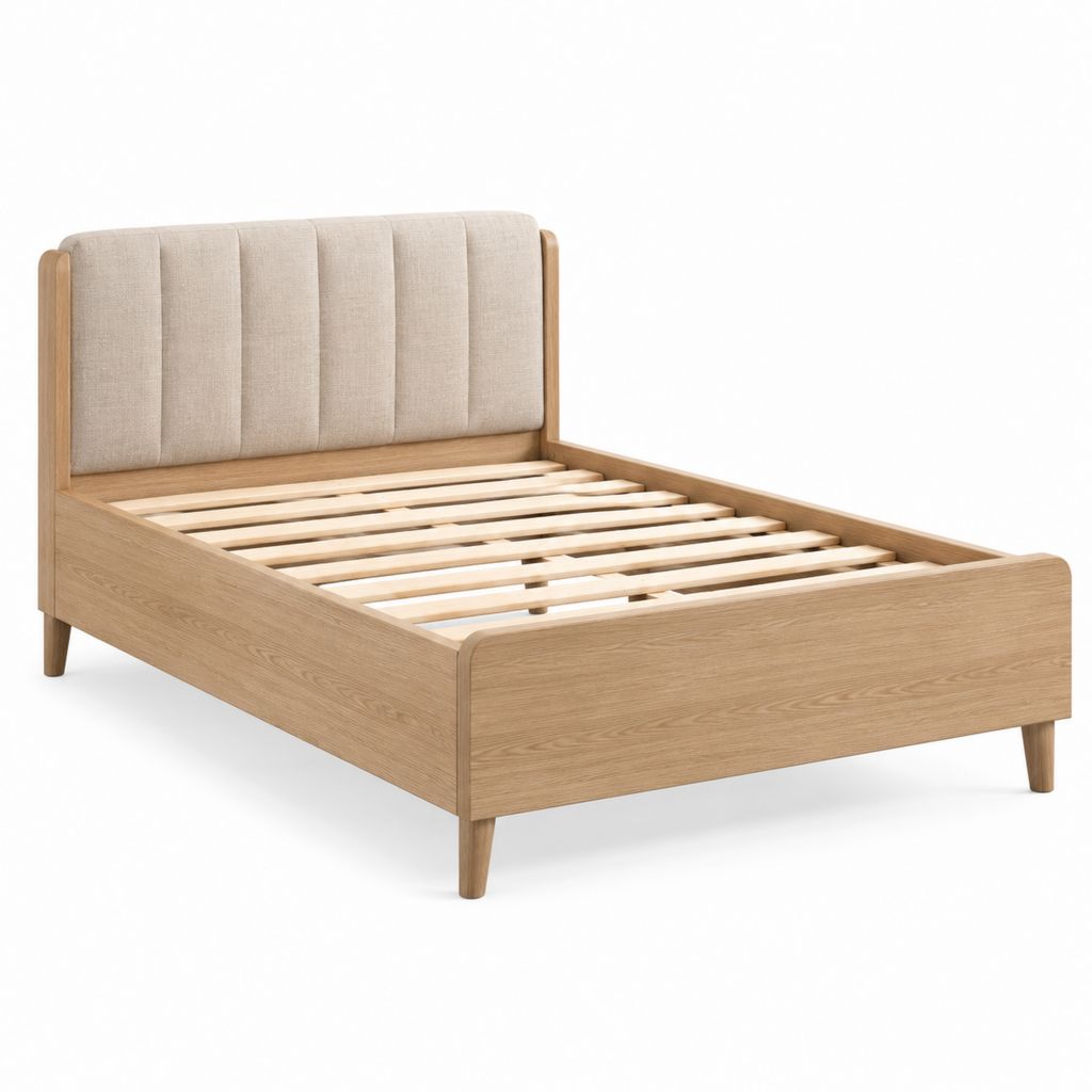 Letto matrimoniale con rete a doghe e testiera imbottita beige in rovere 160 x 200 cm