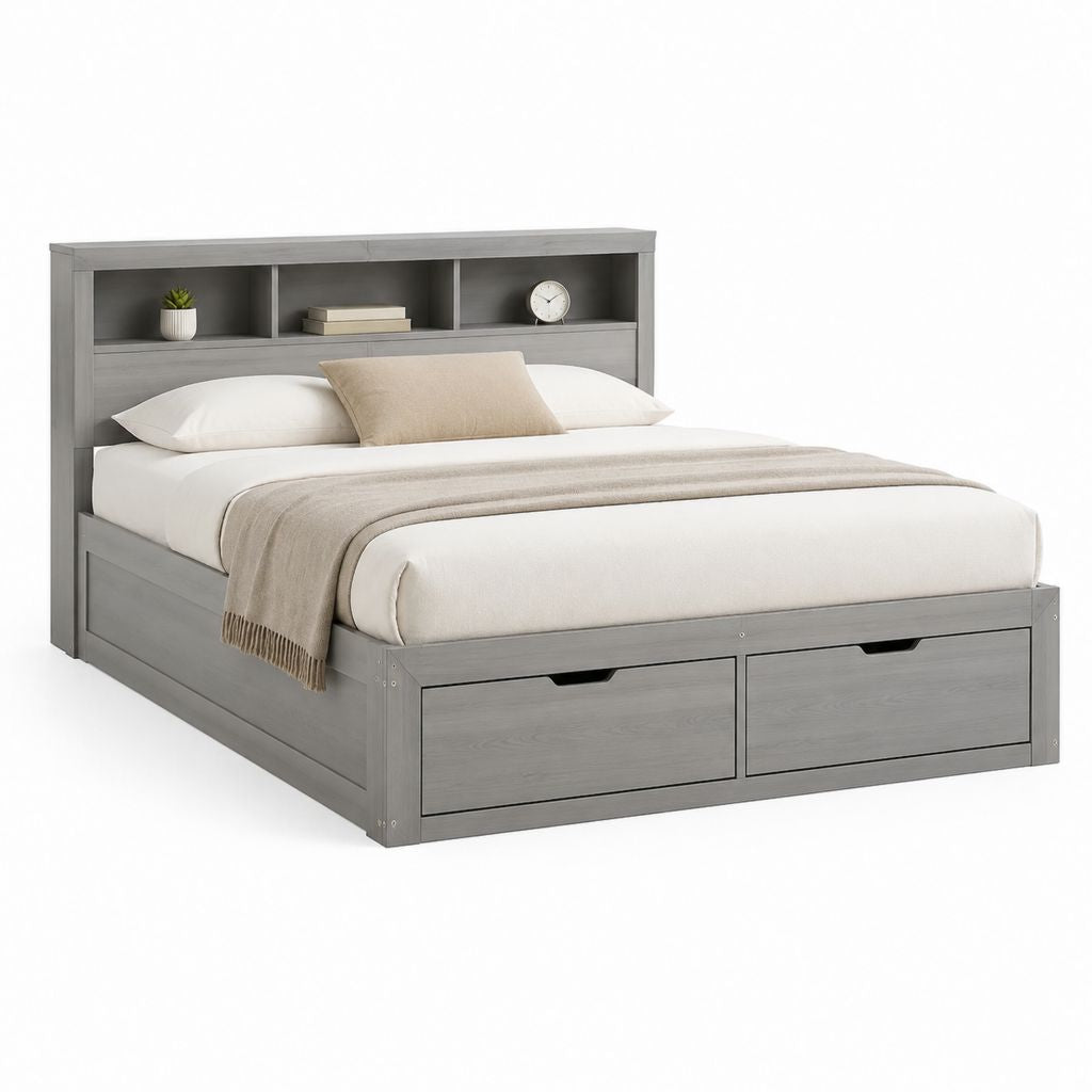 Letto matrimoniale contenitore grigio in MDF rettangolare con testiera a ripiani 175 x 224 x 110 cm
