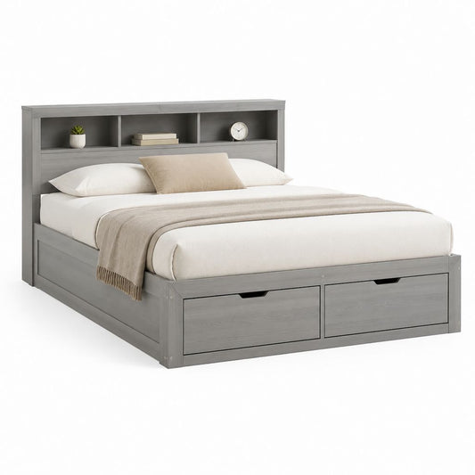 Letto matrimoniale contenitore grigio in MDF rettangolare con testiera a ripiani 175 x 224 x 110 cm