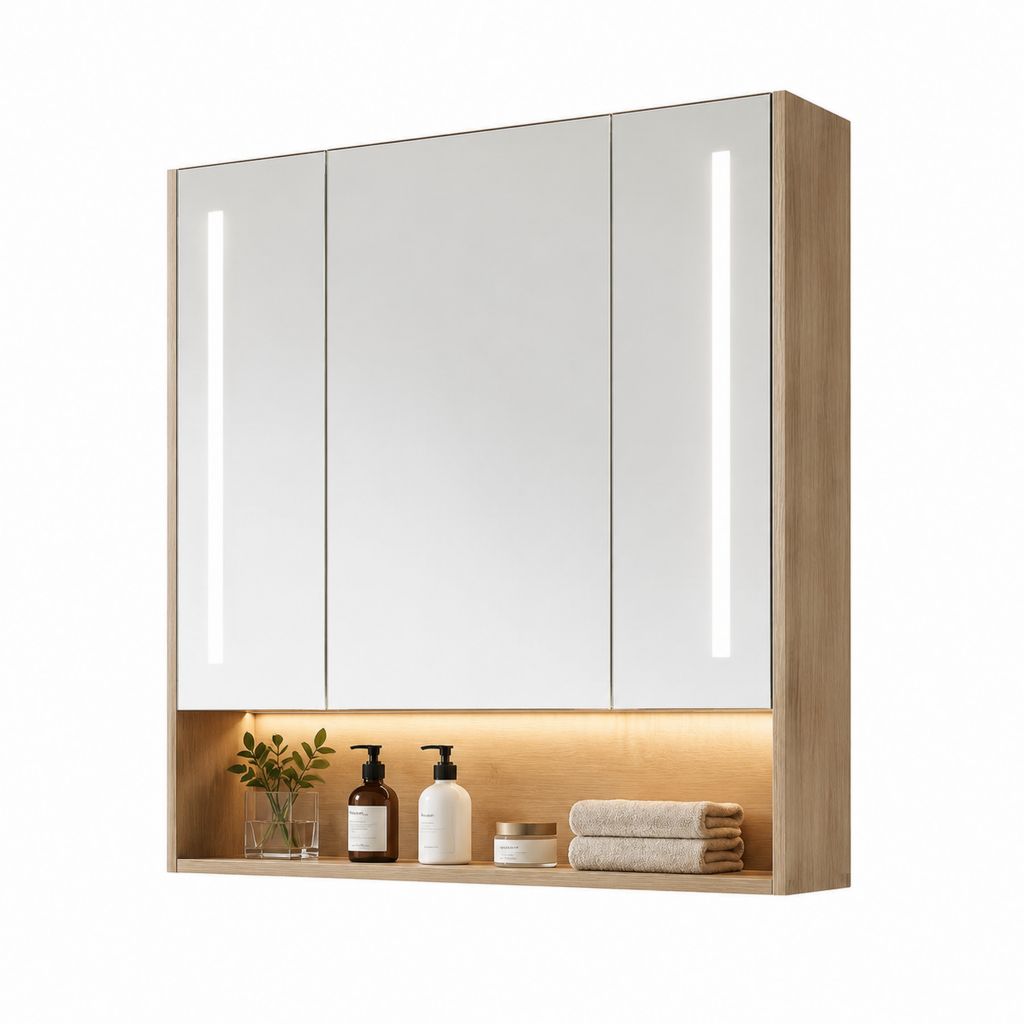 Armadietto bagno con specchio LED rovere in MDF rettangolare 80 x 70 x 15 cm