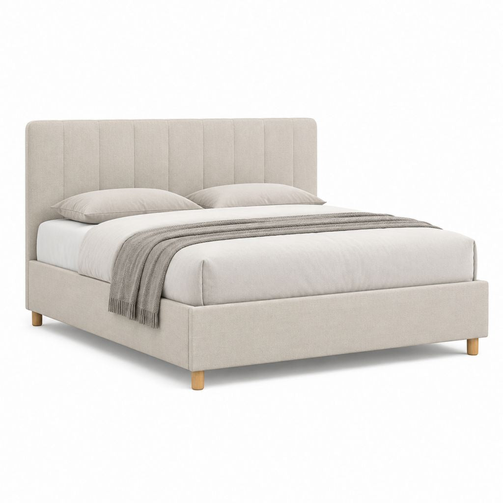 Letto matrimoniale imbottito beige in poliestere con testiera rettangolare 160 x 200 cm