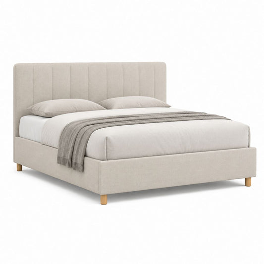 Letto matrimoniale imbottito beige in poliestere con testiera rettangolare 160 x 200 cm