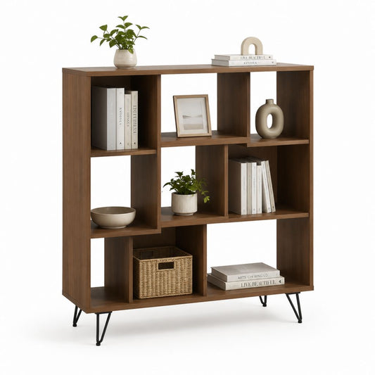Libreria rettangolare a 9 vani in truciolare effetto noce con gambe in acciaio 120 x 35 x 160 cm